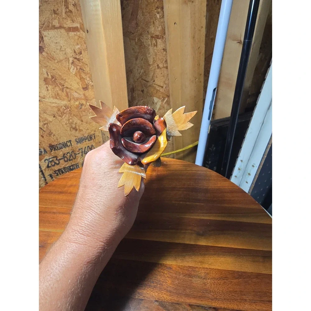 Hand Carved Wooden Rose Flower Long Stem Artisan Wood Sculpture 12 Inch